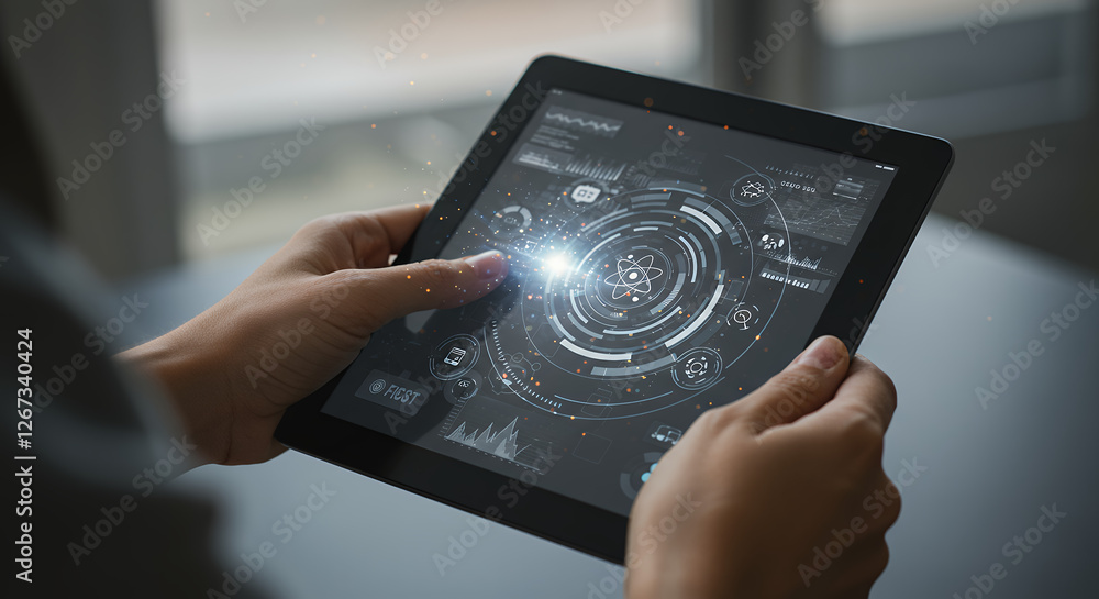 Poster digital future: hands on tablet with sci-fi tech interface. data analysis, innovation & insights in 