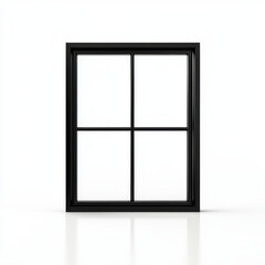 A black framed window featuring four panes is showcased in a minimalistic design against a white backdrop. The simplicity of the structure emphasizes modern aesthetics and clean lines