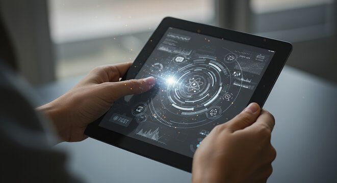 Digital Future: Hands on Tablet with Sci-Fi Tech Interface. Data Analysis, Innovation & Insights in Your Hands!
