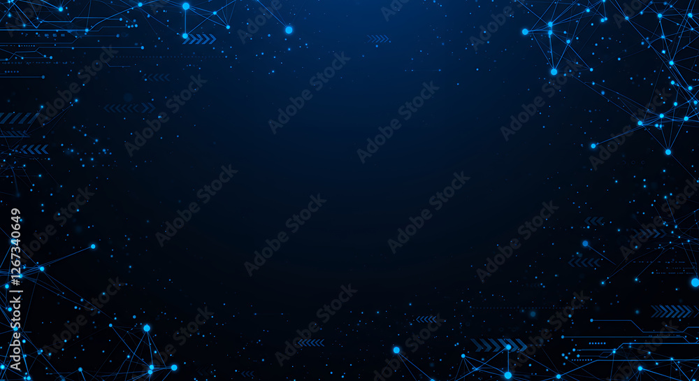 Poster abstract tech network: dark blue connection, data flow, & futuristic system design. perfect backgrou