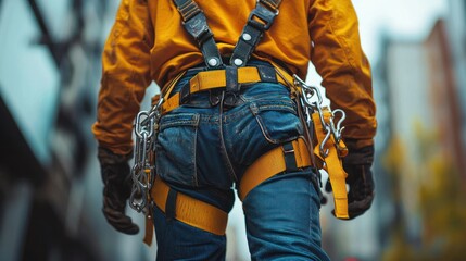 Construction worker in safety harness, urban background, security, safety equipment