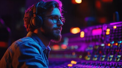 Obraz premium Audio specialist working in a control room, optimizing music tracks with digital tools