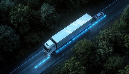Autonomous Truck with Car Following System Navigates Night Road, Enhancing Safety and Efficiency.