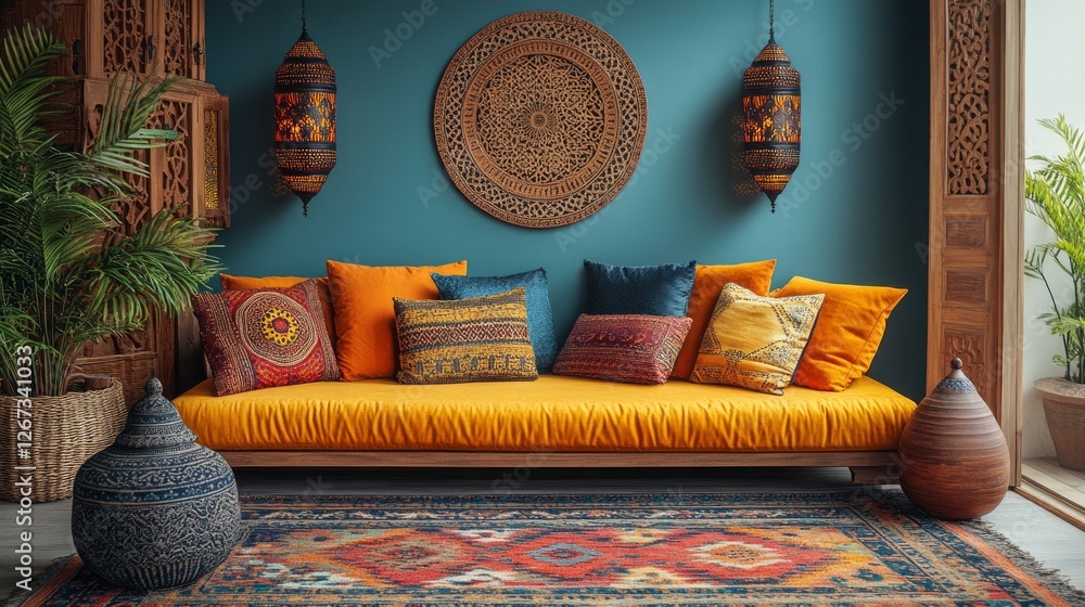 Poster a cozy living area showcases a bright yellow sofa perfectly complemented by an array of colorful pil