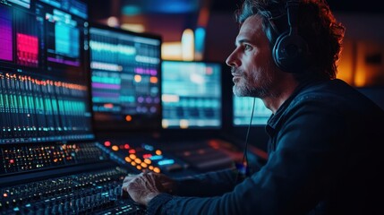 Audio specialist working in a control room, optimizing music tracks with digital tools
