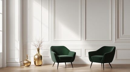 Elegant green armchairs in a bright room, sunlight streaming through a window, design interior