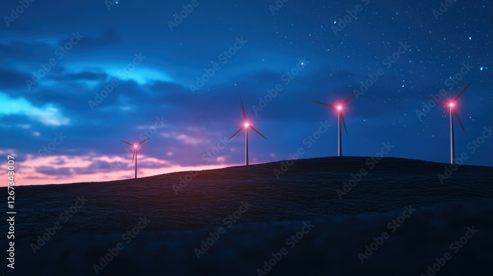 Poster wind farm at night with glowing ai-optimized data streams