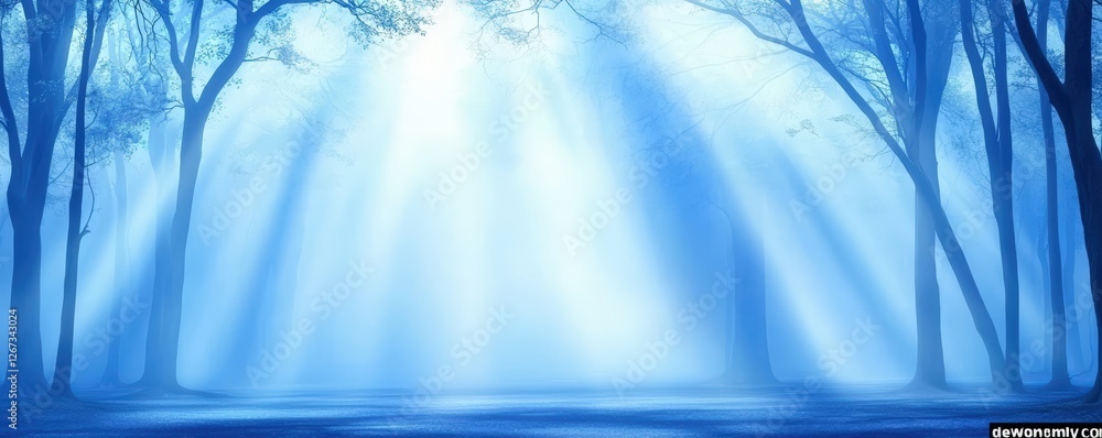 Poster a serene, blue-hued forest scene illuminated by soft rays of light filtering through the trees, crea
