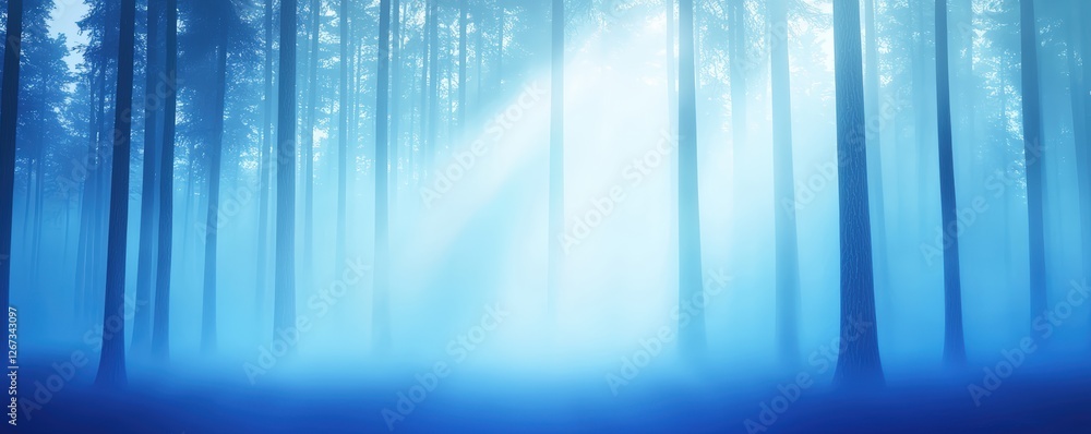 Poster a serene blue forest scene with tall trees shrouded in mist, illuminated by soft rays of light, crea