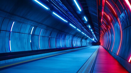 Obraz premium Neon lights illuminate a futuristic tunnel.