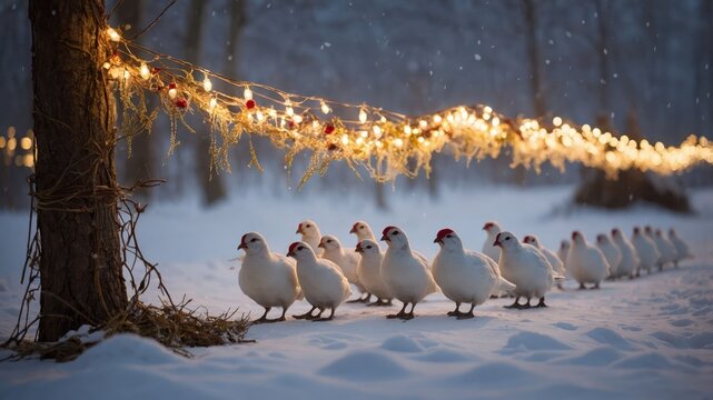 A serene winter scene with birds lined up under festive lights in a snowy landscape.