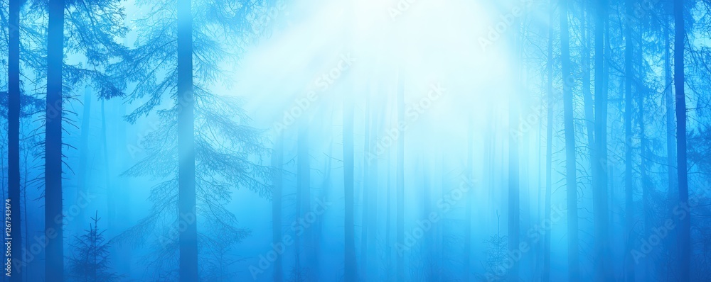 Poster a serene blue forest scene illuminated by soft light, creating an ethereal atmosphere and a sense of