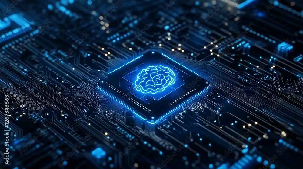 Poster abstract blue digital technology background with chip and brain icon on dark virtual circuit board f