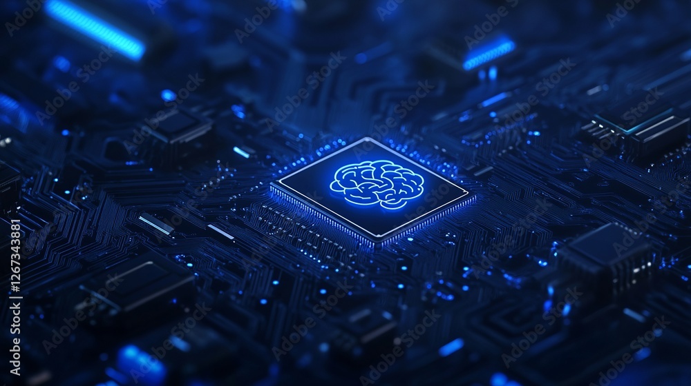 Poster abstract blue digital technology background with chip and brain icon on dark virtual circuit board f
