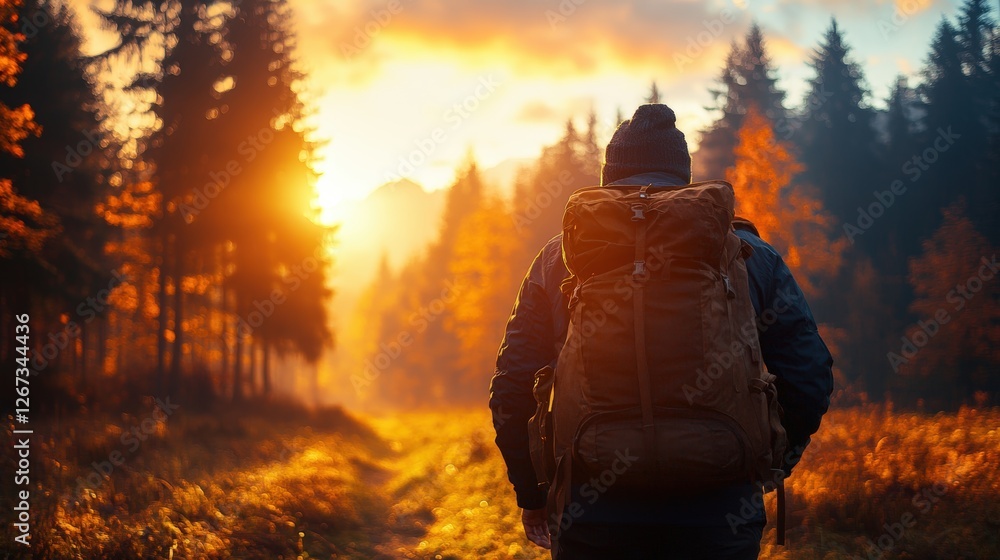 Poster person walking on a path through a forest during golden hour with trees and natural light in the bac