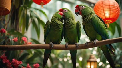 Three green parrots perched on a branch in a lush setting with lanterns.