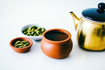 Warm clay pot filled with aromatic tea, accompanied by vibrant g