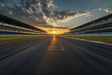 Obraz premium Race Track Sunset: Asphalt, Grandstands, Golden Hour, Dramatic Sky, Racing, Speed, Competition, Adrenaline Rush, Victory Lane