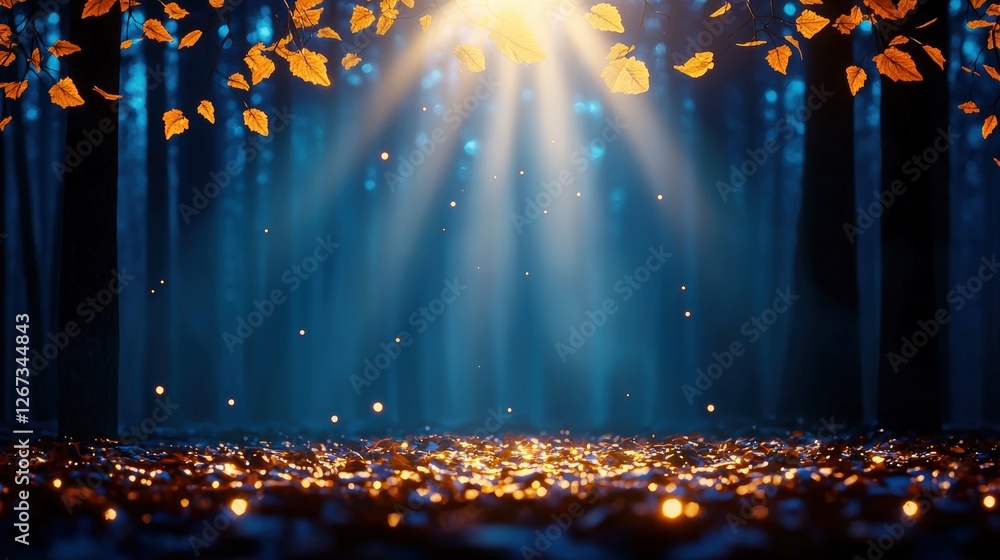 Poster a serene forest scene illuminated by soft sunlight filtering through leaves, creating a magical atmo