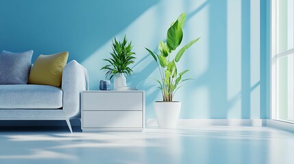 A bright, modern living room features a cozy couch, decorative pillows, and potted plants against a pastel blue wall, illuminated by natural light.