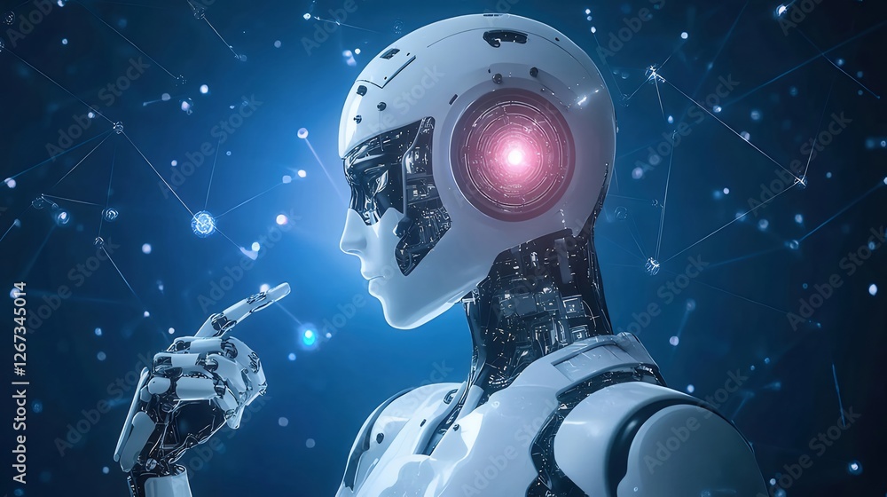 Poster ai robot thinking, digital network background