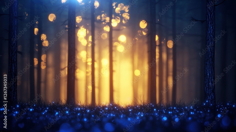 Poster a serene forest scene illuminated by glowing orbs and a warm light, creating a mystical atmosphere.