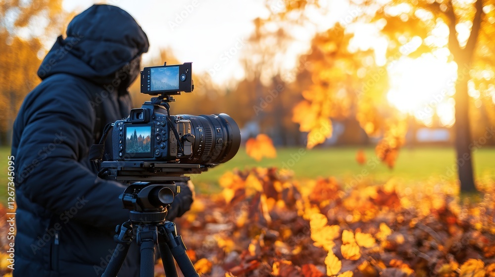 Poster nature photographer capturing golden hour with camera on tripod in a serene forest setting