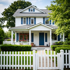 A large white house with a blue door and blue shutters