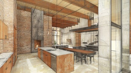 Industrial loft kitchen/dining area with exposed beams