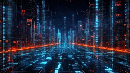 Futuristic digital city with data streams, ideal for technology or sci-fi projects