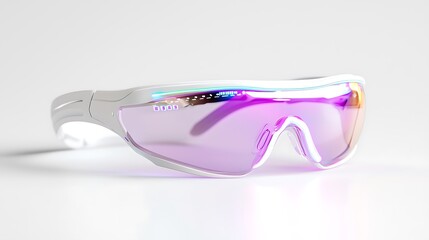 Futuristic White Frame Glasses with Reflective Purple Lenses on White Seamless Background with Glitch Effects