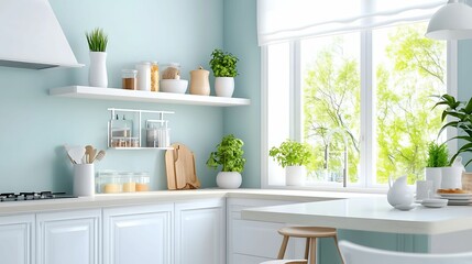A bright, modern kitchen featuring open shelves, potted plants, and natural light, creating a fresh and inviting atmosphere.
