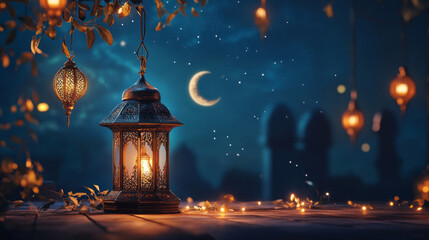Fototapeta premium Festive lanterns cast a warm glow against a starry night sky as a crescent moon watches over the celebrations. The atmosphere is filled with serenity and joy, welcoming the holy month of Ramadan