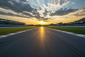 Fototapeta premium Race Track Sunset: Asphalt Road Leads to Golden Horizon at a Motor Speedway with Grandstands