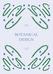 Botanical floral frame with intertwined green vines and scattered blue flowers. Playful, nature-inspired ornament for wedding and birthday invitations, greeting cards, picnic invitations, seasonal