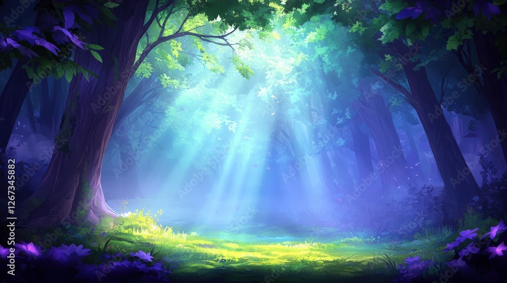 Poster a serene forest scene illuminated by soft light rays filtering through the trees, creating a magical