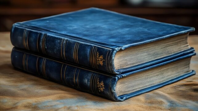 Two blue leather bound books are laying on a table
