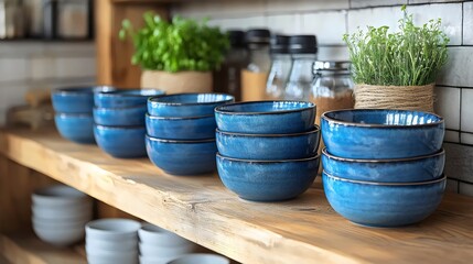 Fototapeta premium A row of blue bowls on a shelf