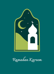 Modern style of Ramadan Kareem greeting cards design. Windows and arches with moon, mosque dome and lanterns. for card, wallpaper design, Poster, media or anythig purpose.