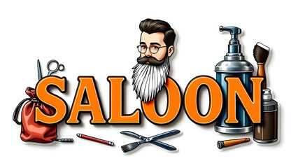 SALOON logo banner, scissors comb 3d 