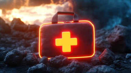 Red suitcase with a cross symbol and neon first aid kit representing hope and care in a detailed image