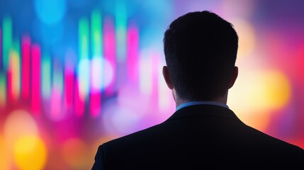 Businessman Standing in Front of Holographic Stock Market Data Visualization