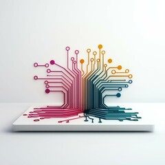 Fototapeta premium circuit board concept. Colorful circuit design emerging from a flat surface, symbolizing technology and innovation.