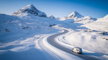 A van journeys along a winding road surrounded by snow-covered mountains under a bright blue sky, showcasing the beauty of winter landscapes in a remote location