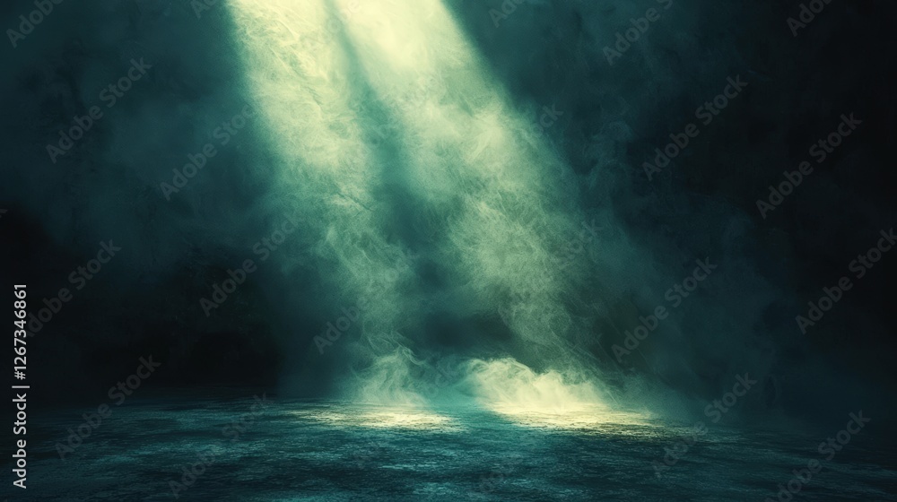 Poster a mysterious, dark scene with beams of light illuminating a foggy surface, creating an ethereal and 