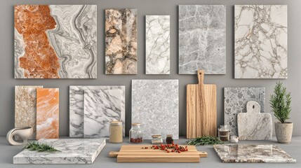 Modern kitchen design with various marble and onyx tiles displayed
