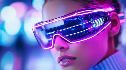 Futuristic Woman Portrait with Neon Cyberpunk Glasses and Glowing Pixelated Design in a Digital World