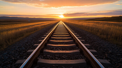 Fototapeta premium Tracks lead towards a vibrant sunset, framed by expansive golden fields and distant mountains, embodying tranquility and the beauty of nature during dusk