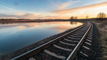 Fototapeta premium Railway tracks curve alongside a calm body of water, capturing the warm hues of sunset. Trees stand silently in the background, creating a peaceful atmosphere at dusk