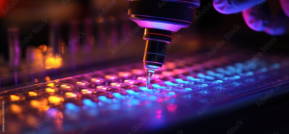 Poster lab worker using automated machine to test samples in a brightly lit lab. medical research